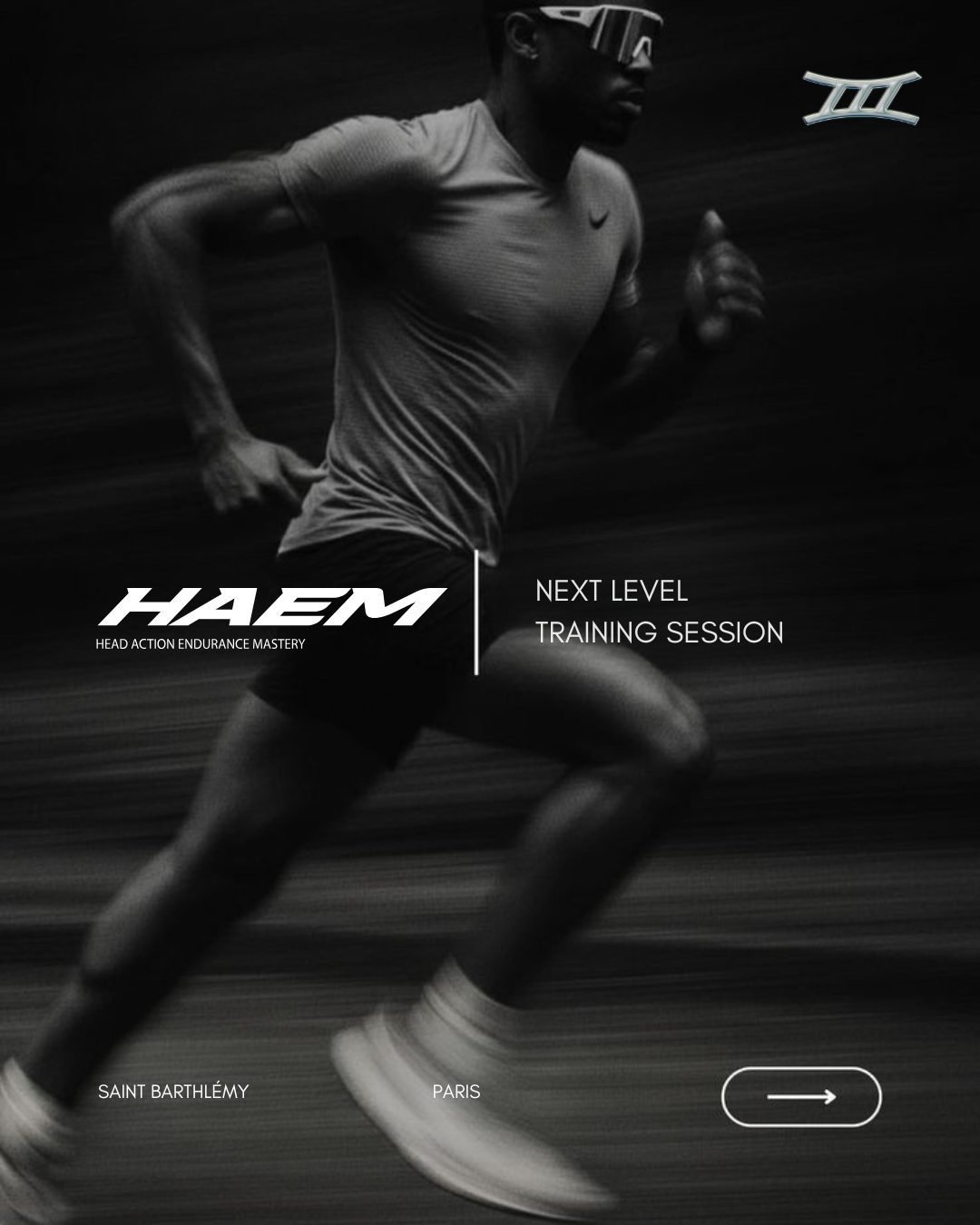 Affiche Haem avec coureur en mouvement, next level training session