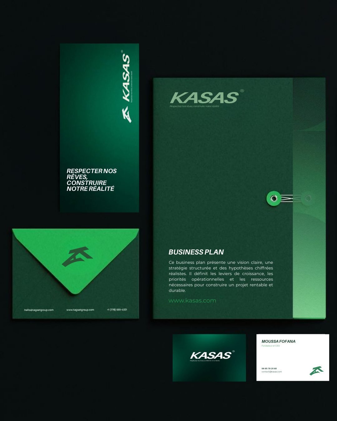 Pochette, enveloppe et cartes de visite Kasas dans un dégradé vert