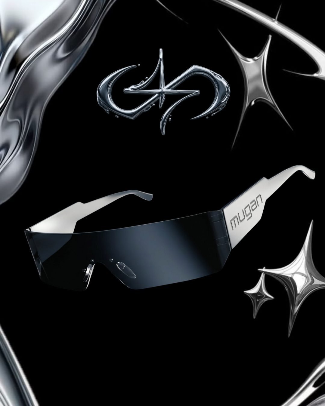 Logo Mugan en rendu métallique entouré d'étincelles